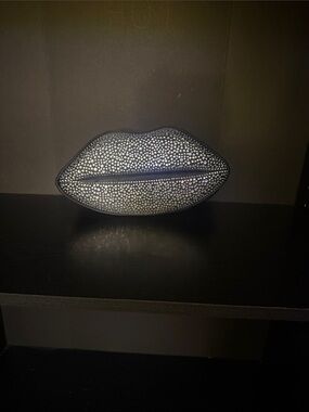 Crystal Lip Clutch / CrossBody in Black with Silver Stones